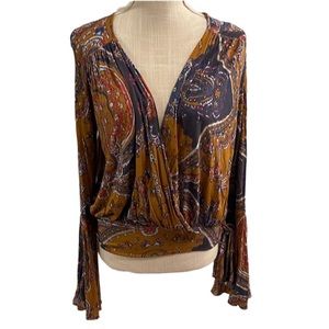 Free People Brown Paisley Wrap Top Bell Sleeves Long Sleeve Blouse Women Medium